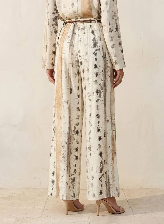 Iconic BEIGE Iconic Printed Wide Leg Belted Pants for Women | Best Price UAE