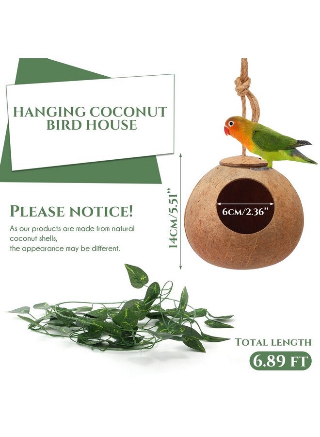 Skylety Skylety 3 Pcs Coconut Bird Nest Hut Hanging Bird House Coconut Hide with 6.9 Feet Fake Vines Coconut Fiber Shell Small Bird Cage Accessories for Parrot Parakeet Canary Reptile Crested Gecko Hamster - Image 1