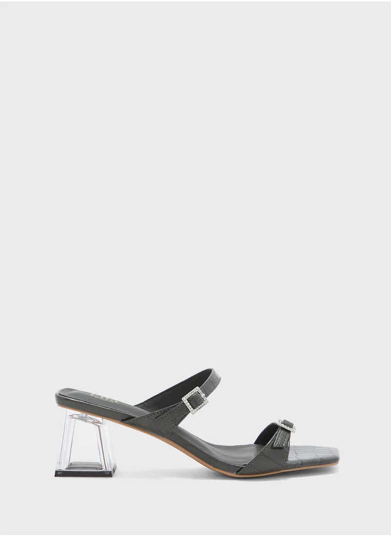 ELLA Buckled Double Strap Croc  Clear Block Heel Sandal