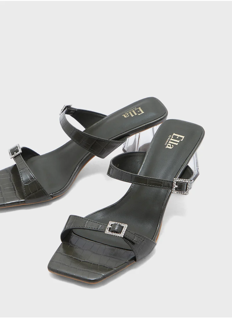 ELLA Buckled Double Strap Croc  Clear Block Heel Sandal