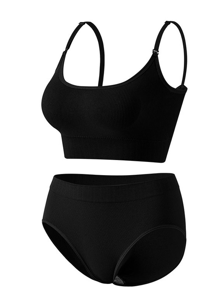 Loquat Women's Solid Color Sport Fitness Lingerie Set 2-piece Seamless Wireless Adjustable Shoulders Vest Bra+Low Waist Briefs Sport Suit Black 