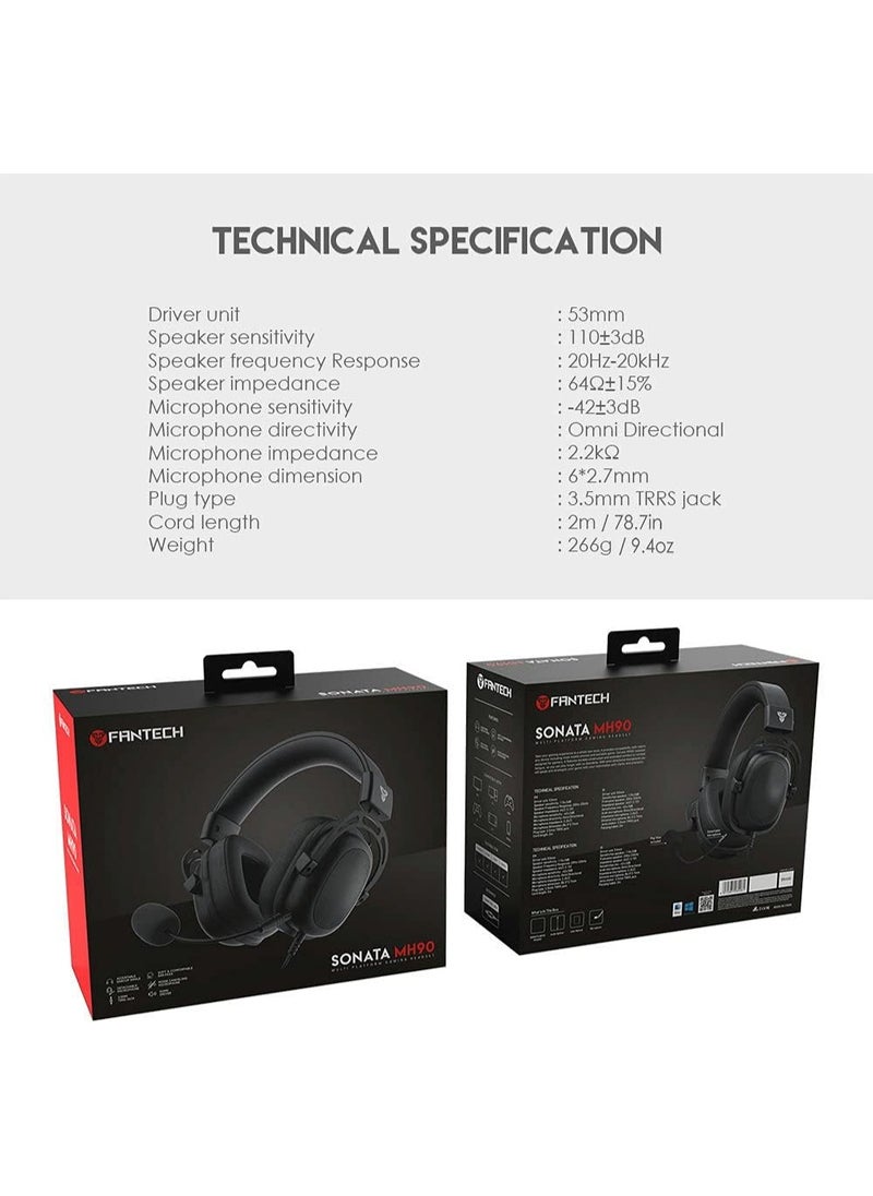 Fantech Sonata MH90 Multi-Platform Gaming Headset with 53mm Drivers for PC, PlayStation 4, Xbox One S, Xbox One X, Android, iOS, Black