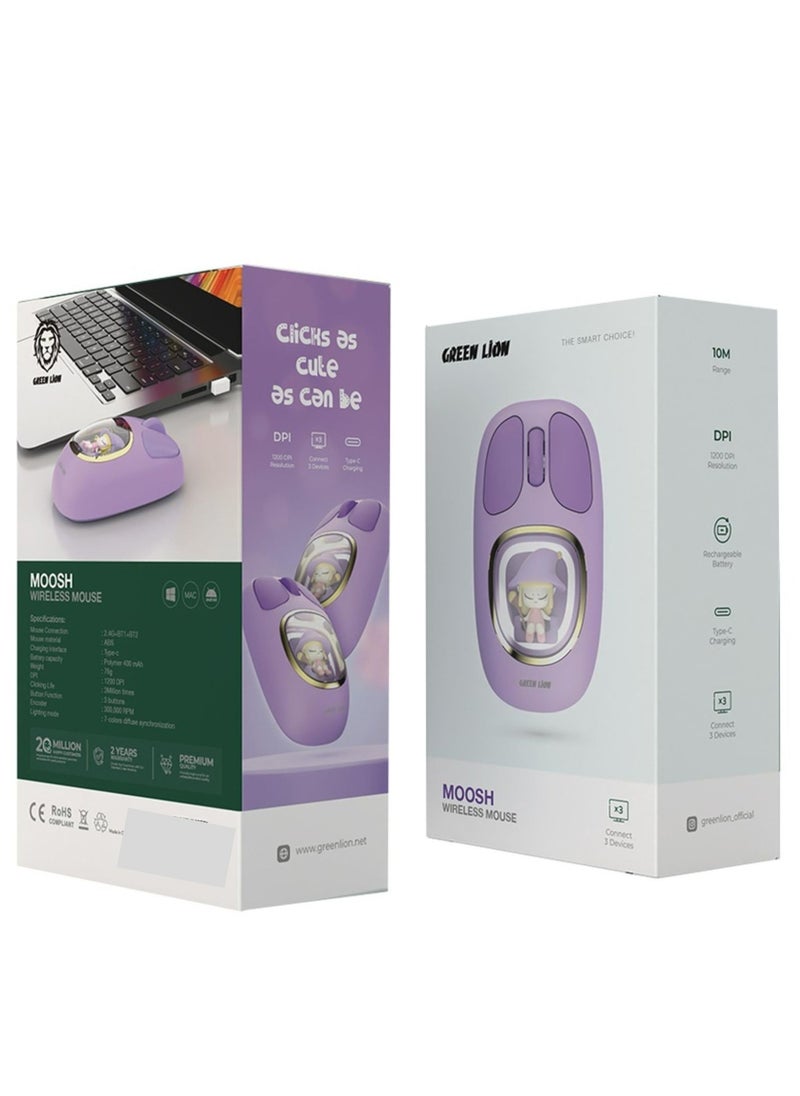 GREEN LION - Moosh Wireless Mouse with 7-Color Diffuse Lighting, Up to 3 Million Clicks, 3-Button Function, 400mAh Battery, 1200 DPI, Connects Up to 3 Devices, USB-C Charging Interface - Purple - Image 1