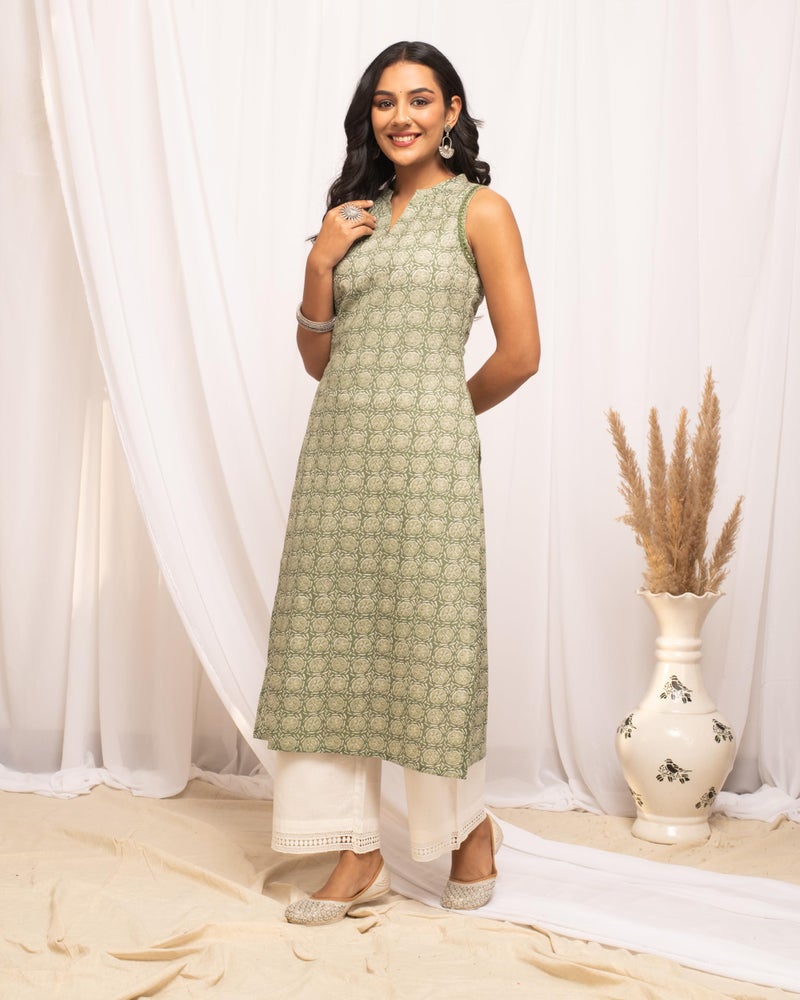 FIORRA Women's Light Green Floral Printed Cotton Straight Kurta FAR0100 - L - Image 4
