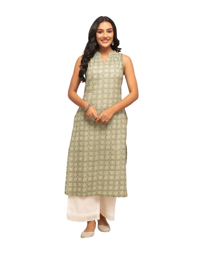 FIORRA Women's Light Green Floral Printed Cotton Straight Kurta FAR0100 - L - Image 1