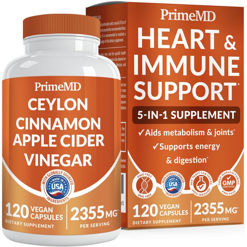 PrimeMD 5in1 Ceylon Cinnamon Capsules 2355mg Ceylon Cinnamon and Apple Cider Vinegar with Turmeric Panax Ginseng Cinnamon and Bioperine 120 ct
