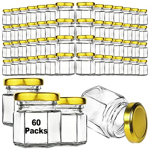 Syntic 60 Pcs Small Glass Containers with Airtight Lids, 1.5 oz Mini Honey Jars for Wedding Favor, Baby Shower, Small Hexagon Candle Jars for Making Candles, Body Butter, Jam, Spices, Herbs, DIY Gift - Image 1