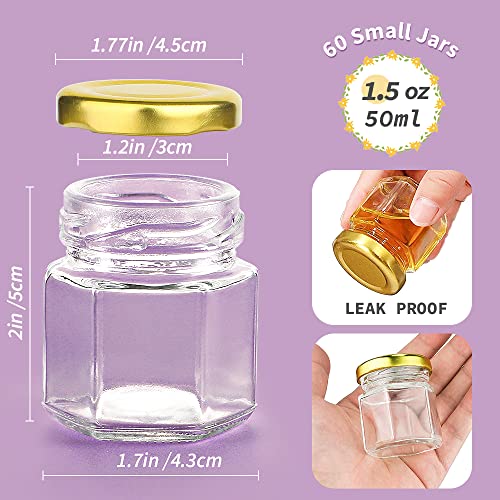 Syntic 60 Pcs Small Glass Containers with Airtight Lids, 1.5 oz Mini Honey Jars for Wedding Favor, Baby Shower, Small Hexagon Candle Jars for Making Candles, Body Butter, Jam, Spices, Herbs, DIY Gift - Image 5