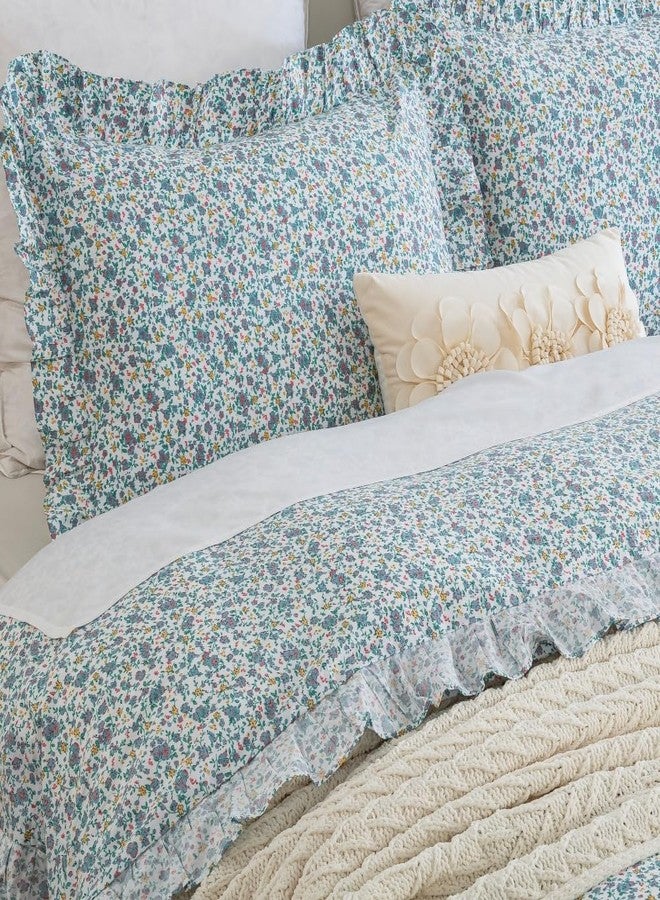DAUAOTO Twin Size Ruffle Duvet Cover Set, 100% Cotton, Kids Teen Girls Duvet Cover 68"X86" + 1 Sham, Ditsy Floral Pattern Blue - Image 1