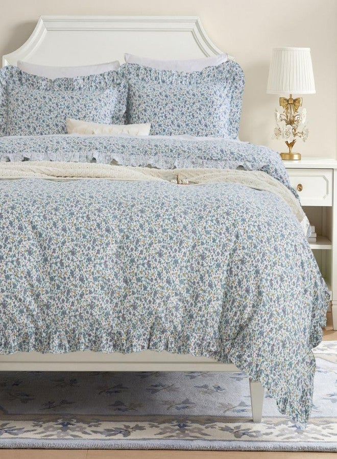 DAUAOTO Twin Size Ruffle Duvet Cover Set, 100% Cotton, Kids Teen Girls Duvet Cover 68"X86" + 1 Sham, Ditsy Floral Pattern Blue - Image 3