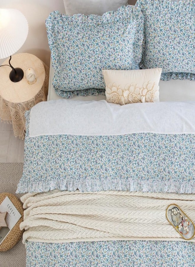 DAUAOTO Twin Size Ruffle Duvet Cover Set, 100% Cotton, Kids Teen Girls Duvet Cover 68"X86" + 1 Sham, Ditsy Floral Pattern Blue - Image 4