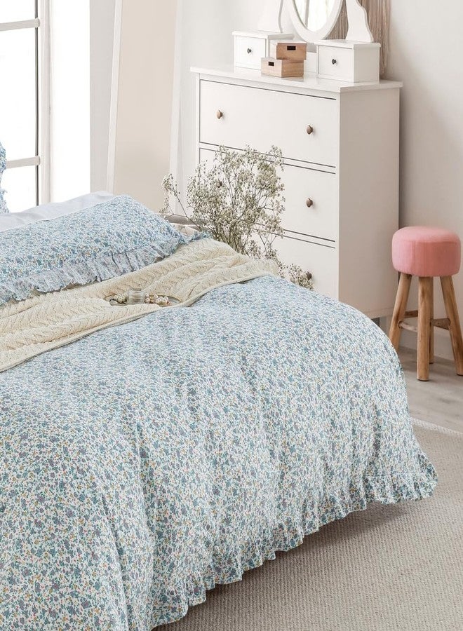 DAUAOTO Twin Size Ruffle Duvet Cover Set, 100% Cotton, Kids Teen Girls Duvet Cover 68"X86" + 1 Sham, Ditsy Floral Pattern Blue - Image 5