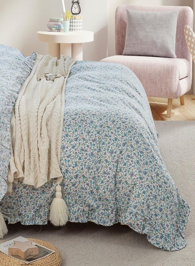 DAUAOTO Twin Size Ruffle Duvet Cover Set, 100% Cotton, Kids Teen Girls Duvet Cover 68"X86" + 1 Sham, Ditsy Floral Pattern Blue - Image 2