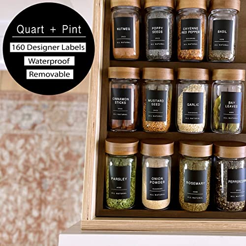 Quart + Pint 160 Spice Jar Labels: Minimalist Matte Black Sticker White Text. Waterproof Stickers. Organization for Jars Bottles Containers Bins. Storage Rack Systems for Kitchen & Pantry Labels. - Image 2