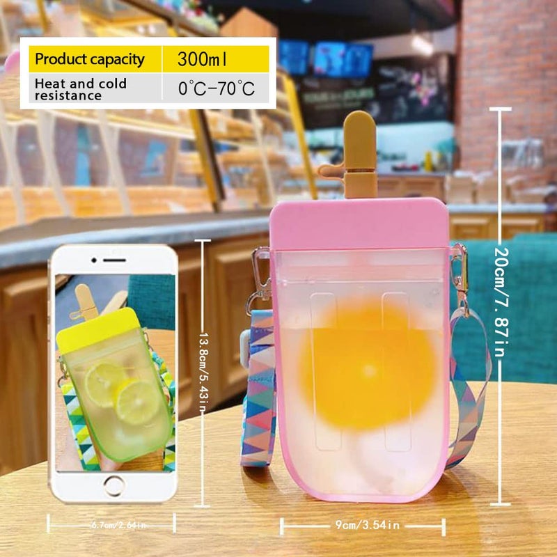 AXLOFOÂ® Cute Water Bottle with Straw - 300 ML Creative Ice Cream Popsicle Cups Adjustable Shoulder Strap for School Girls, BPA Free Kawaii Drinking Bottles (pink) - Image 2