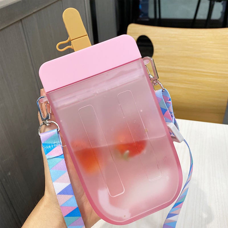 AXLOFOÂ® Cute Water Bottle with Straw - 300 ML Creative Ice Cream Popsicle Cups Adjustable Shoulder Strap for School Girls, BPA Free Kawaii Drinking Bottles (pink) - Image 1