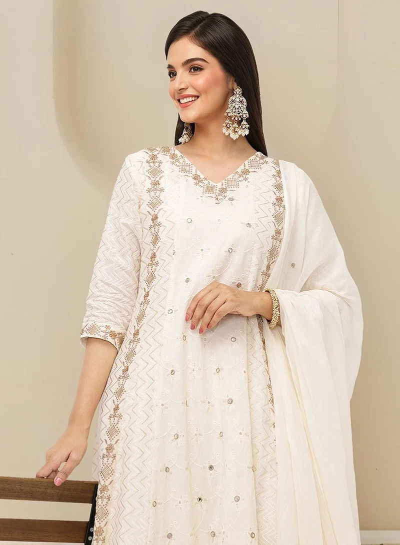ISHIN Women's Off White 100% Cotton Embellished Tunic Full Length Casual Straight Fit Kurta Set
