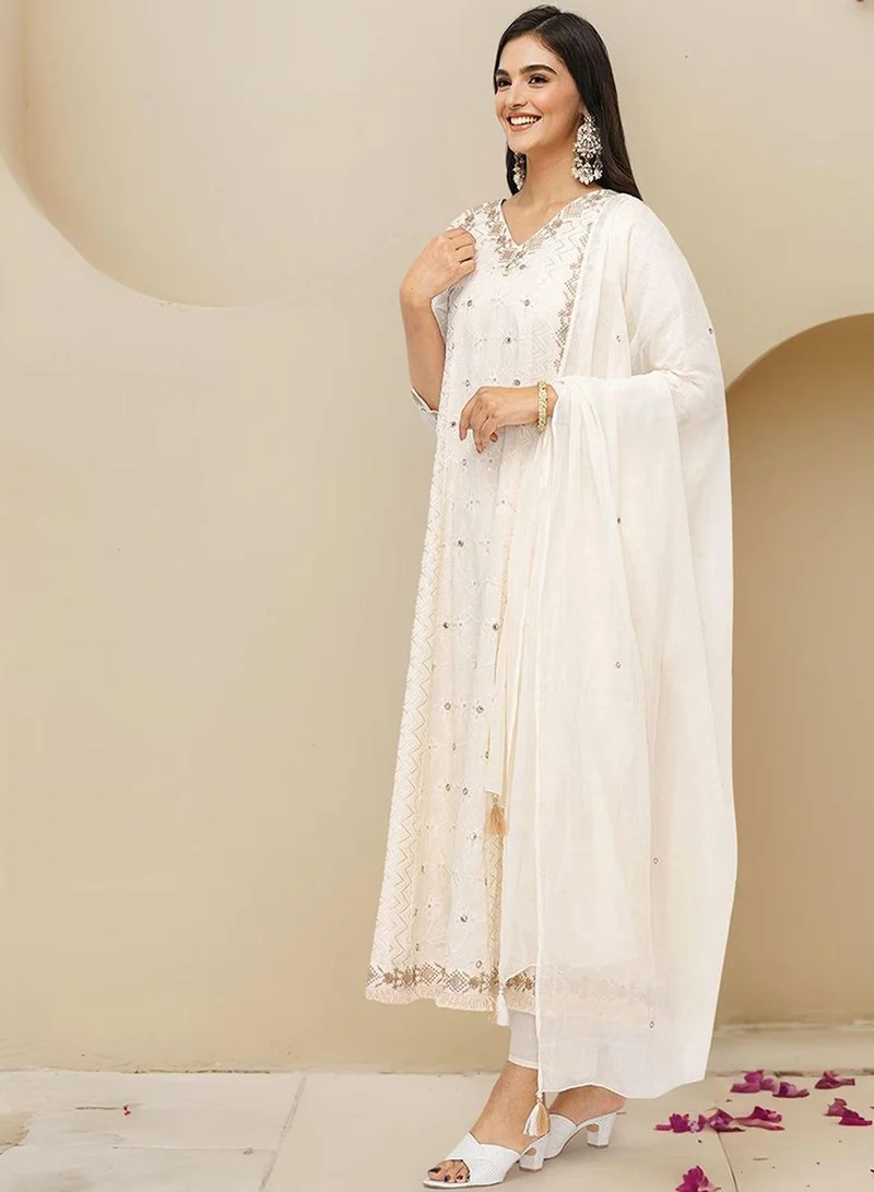 ISHIN Women's Off White 100% Cotton Embellished Tunic Full Length Casual Straight Fit Kurta Set