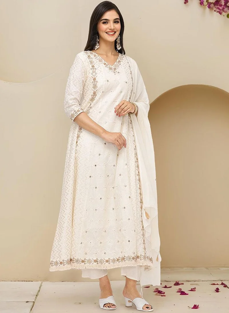 ISHIN Women's Off White 100% Cotton Embellished Tunic Full Length Casual Straight Fit Kurta Set