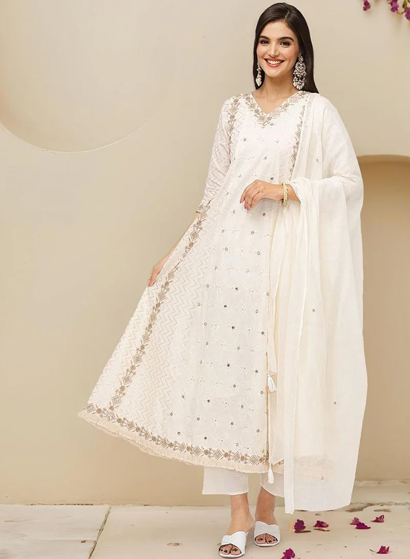 ISHIN Women's Off White 100% Cotton Embellished Tunic Full Length Casual Straight Fit Kurta Set