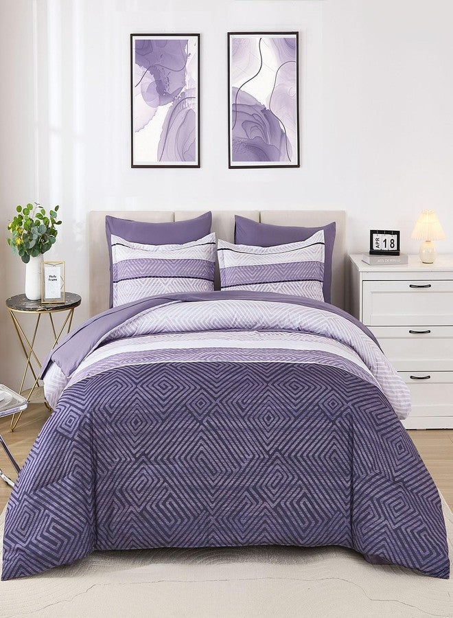 Drucon Purple Comforter Set King Size 7 Piece Bed in a Bag, Boho Striped Bedding Set, Soft Microfiber Comforter and Sheet Set for All Season (King, 104"x90") - Image 2