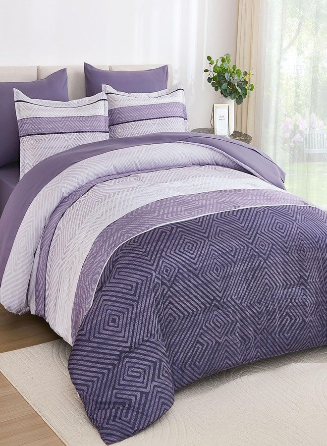 Drucon Purple Comforter Set King Size 7 Piece Bed in a Bag, Boho Striped Bedding Set, Soft Microfiber Comforter and Sheet Set for All Season (King, 104"x90") - Image 1