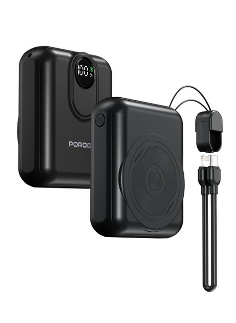10000mAh MagSafe Power Bank with Detachable Lightning Cable and LED Digital Battery Indicator / Lightning Output / Type-C Inpute / PD 22.5W Powerbank / Portable PD 15W Wireless Fast Charge Power Bank - Black