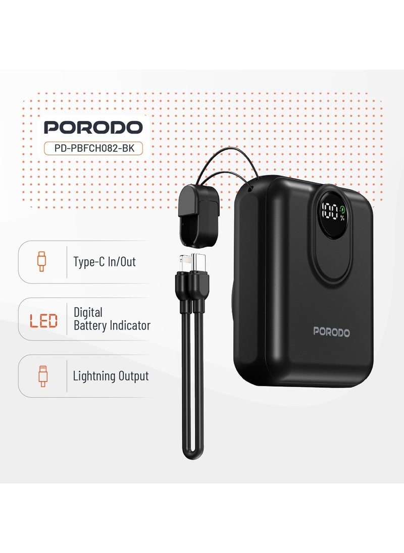 porodo - 10000mAh MagSafe Power Bank with Detachable Lightning Cable and LED Digital Battery Indicator / Lightning Output / Type-C Inpute / PD 22.5W Powerbank / Portable PD 15W Wireless Fast Charge Power Bank - Black - Image 1