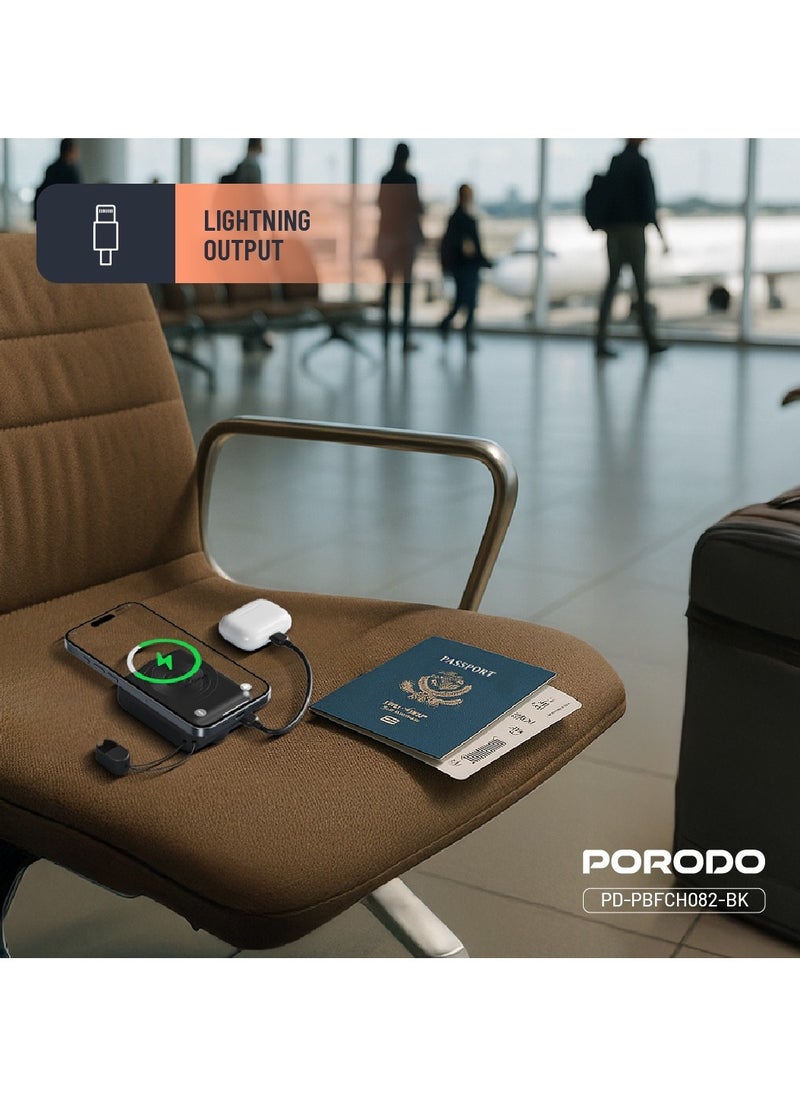 porodo - 10000mAh MagSafe Power Bank with Detachable Lightning Cable and LED Digital Battery Indicator / Lightning Output / Type-C Inpute / PD 22.5W Powerbank / Portable PD 15W Wireless Fast Charge Power Bank - Black - Image 1
