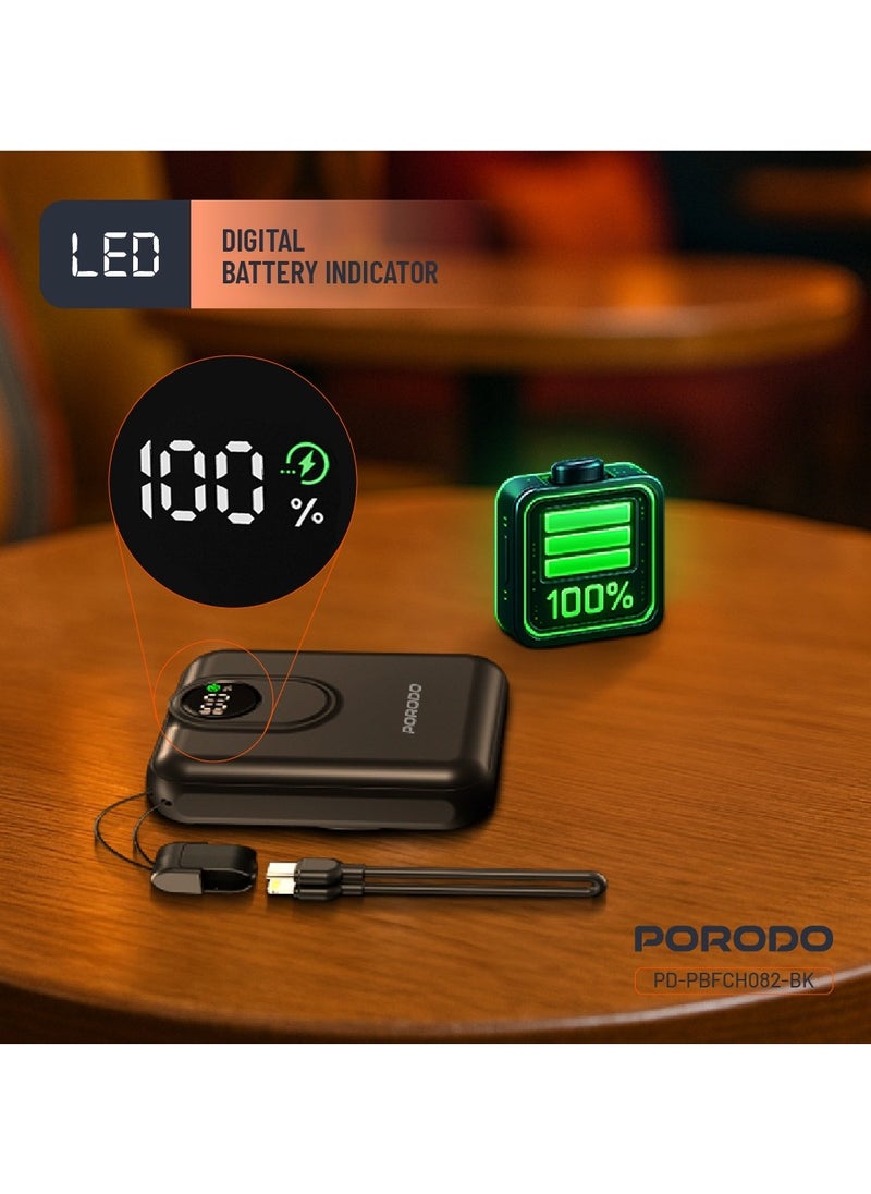 porodo - 10000mAh MagSafe Power Bank with Detachable Lightning Cable and LED Digital Battery Indicator / Lightning Output / Type-C Inpute / PD 22.5W Powerbank / Portable PD 15W Wireless Fast Charge Power Bank - Black - Image 1