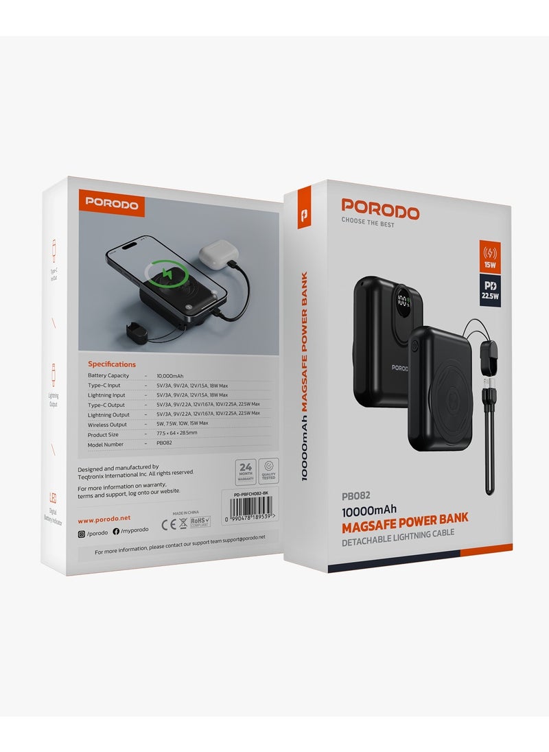 porodo - 10000mAh MagSafe Power Bank with Detachable Lightning Cable and LED Digital Battery Indicator / Lightning Output / Type-C Inpute / PD 22.5W Powerbank / Portable PD 15W Wireless Fast Charge Power Bank - Black - Image 1