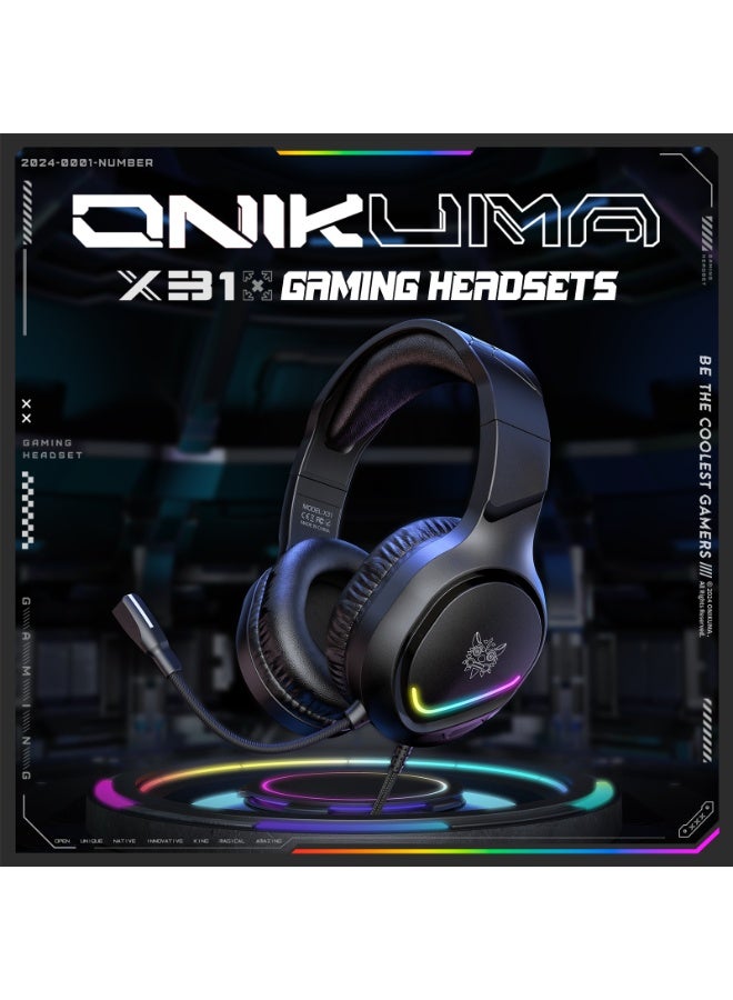 onikuma ONIKUMAX X31 Wired Computer Headset Full Coverage 360 Degree Full Audio Support for Multiple Devices Cartoon Game Headset RGB Lighting Anime/Games/Movies/Tv Series/Video Game Theme Wired Noise-Cancelling Microphone Volume Control Headset Plastic Material 3.5Mm Jack  - Image 2