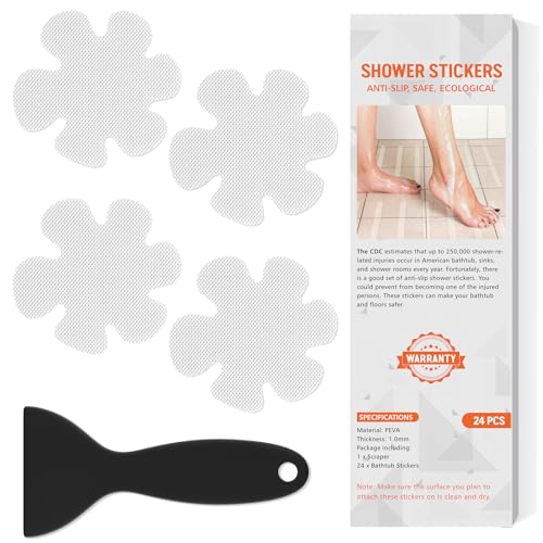 Nodirz Non Slip Bathtub Stickers, 24 PCS Shower Stickers for Safety Bathroom Tubs, Bathtub Non Slip Stickers and Adhesive Decals Scraper for Bath Tub, Shower Floor, Stairs, Ladders(Flower Shape, Clear) - Image 1