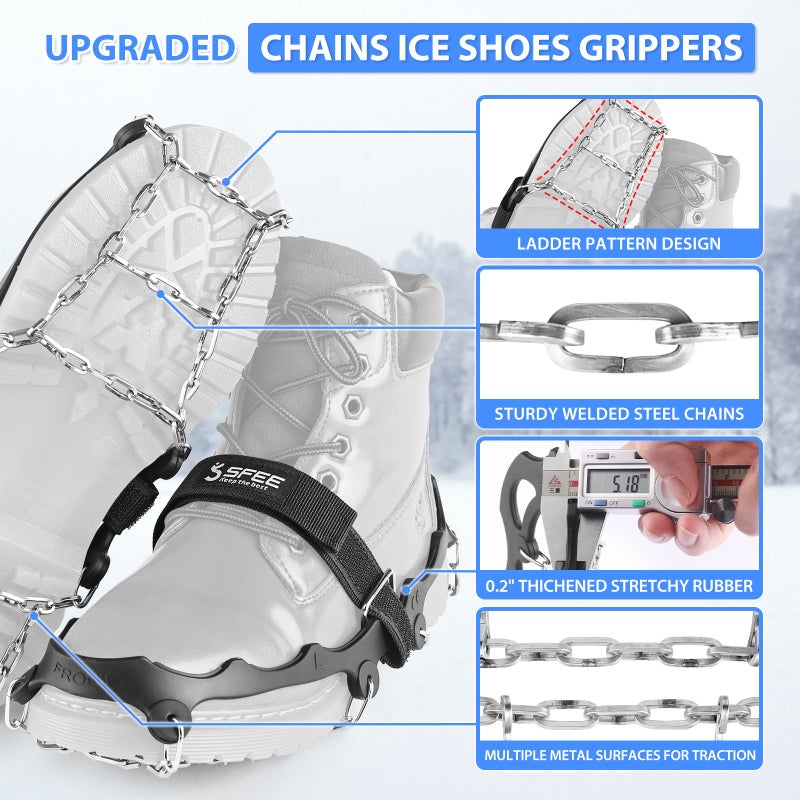 Sfee Crampons for Shoes and Boots - Non Slip Gripper Spikes with Stainless Steel Chains, Traction Cleats for Snow and Ice, Hiking, Climbing, Ice Fishing (M) - Image 2