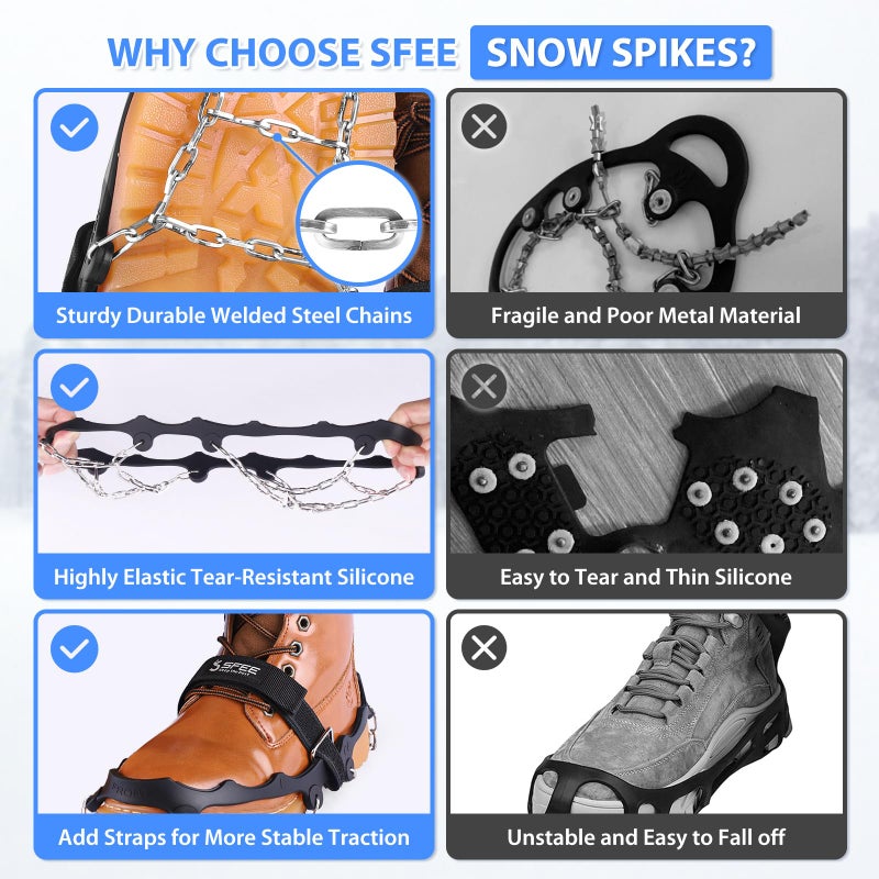 Sfee Crampons for Shoes and Boots - Non Slip Gripper Spikes with Stainless Steel Chains, Traction Cleats for Snow and Ice, Hiking, Climbing, Ice Fishing (M) - Image 4