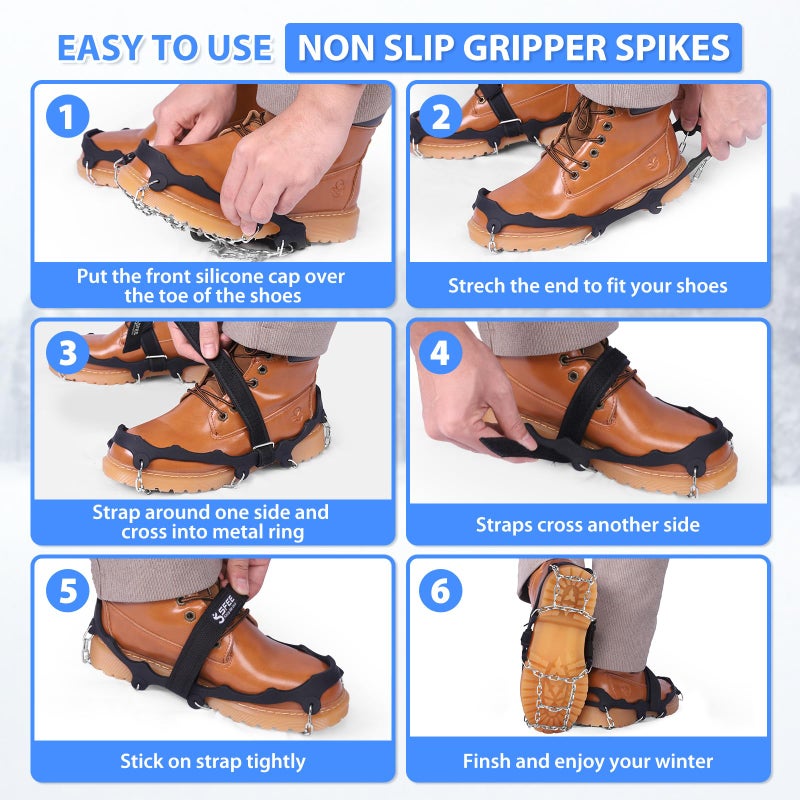 Sfee Crampons for Shoes and Boots - Non Slip Gripper Spikes with Stainless Steel Chains, Traction Cleats for Snow and Ice, Hiking, Climbing, Ice Fishing (M) - Image 5