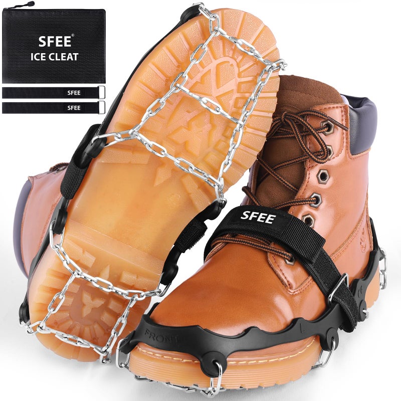 Sfee Crampons for Shoes and Boots - Non Slip Gripper Spikes with Stainless Steel Chains, Traction Cleats for Snow and Ice, Hiking, Climbing, Ice Fishing (M) - Image 1