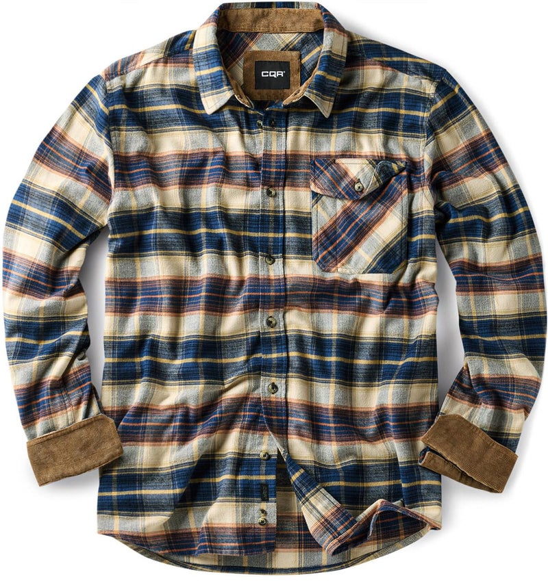 CQR Men's 100% All Cotton Button Down Flannel Shirts, Long Sleeve Brushed Warm Soft Casual Outdoor Plaid Shirt, Plaid Blue Cheese, Large - Image 1