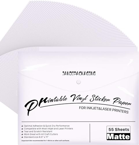 JANDJPACKAGING Printable Vinyl for Inkjet Printer - 55 Pack Matte White Printable Vinyl Sticker Paper Dries Quickly Vivid Colors, Holds Ink Well, Tear Resistant, Inkjet & Laser Printer - Image 1