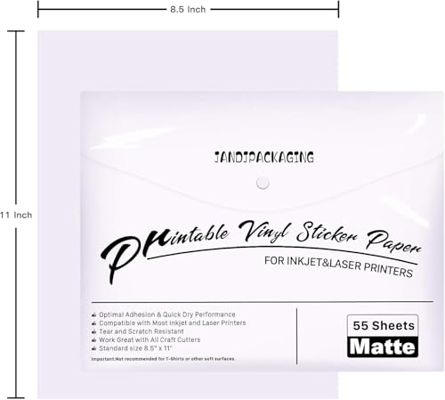 JANDJPACKAGING Printable Vinyl for Inkjet Printer - 55 Pack Matte White Printable Vinyl Sticker Paper Dries Quickly Vivid Colors, Holds Ink Well, Tear Resistant, Inkjet & Laser Printer - Image 2