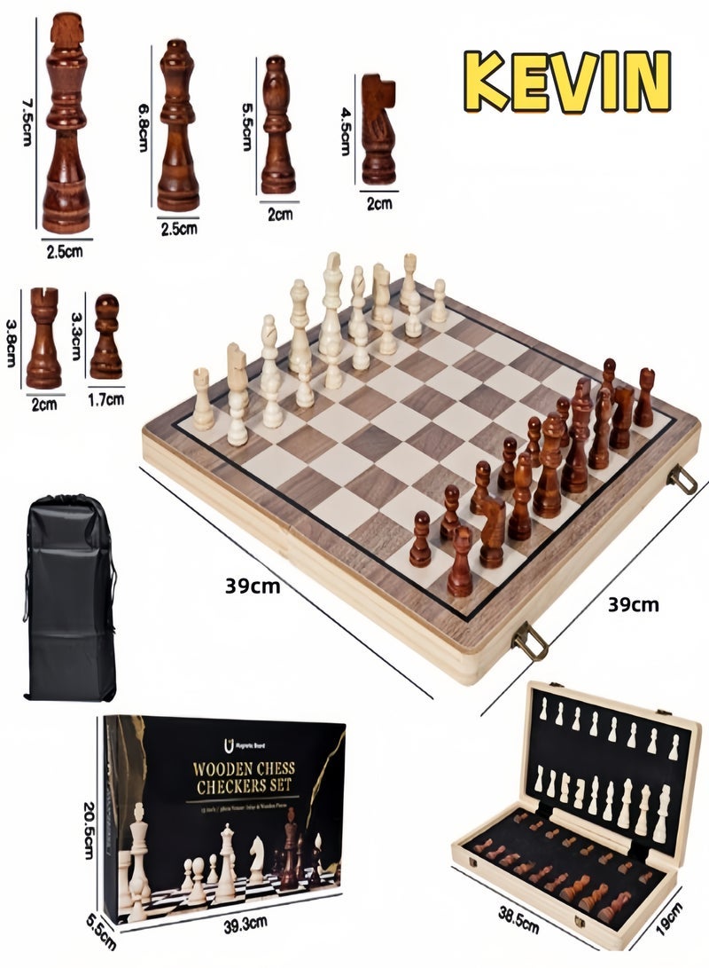 KEVIN Chess Sets,15 Inch Magnetic Wooden Chess Set, Board Game for Adults and Kids, with 24 Cherkers Pieces Extra & 2 Extra Queens,Portable Travel Chess Board Game Sets - Image 1