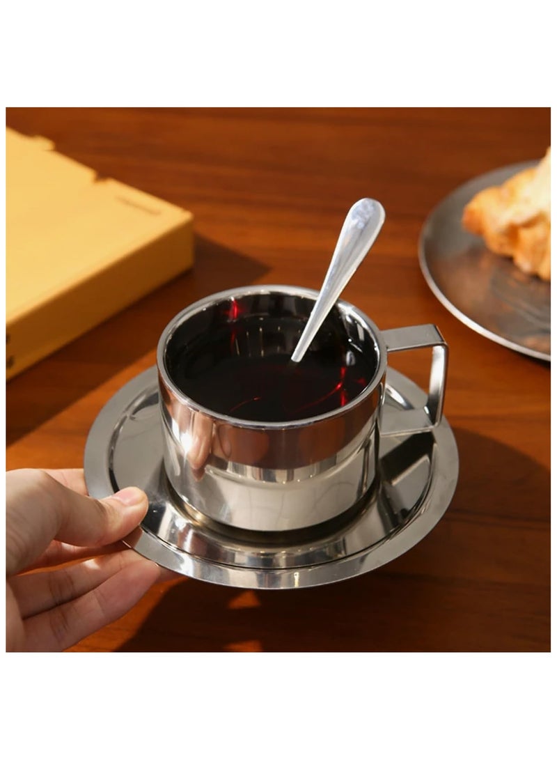 Stainless Steel Coffee Cup Set, 200ml/7oz Insulated Coffee Cup Set Double Walled Mugs Milk Tea With Spoon Saucer for Coffee Latte Tea Milk  - Image 5