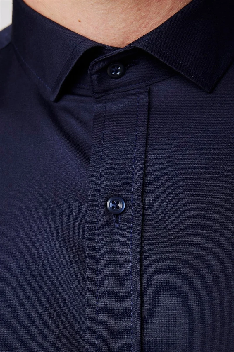 Tudors Slim Fit Lycra Plain Cotton Satin Men's Navy Blue Shirt