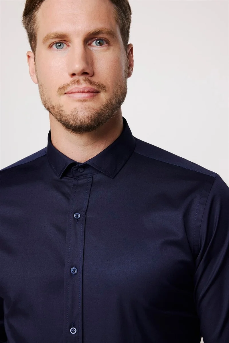 Tudors Slim Fit Lycra Plain Cotton Satin Men's Navy Blue Shirt