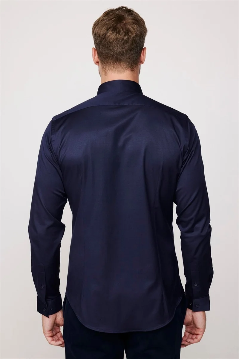 Tudors Slim Fit Lycra Plain Cotton Satin Men's Navy Blue Shirt