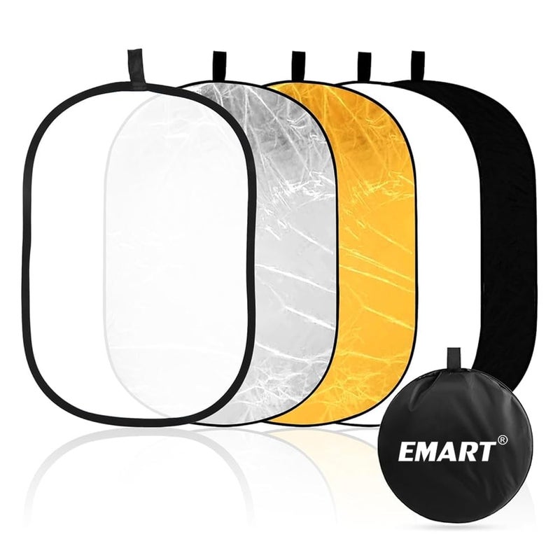 EMART 24'' x 36''(60 x 90cm) عاكس تصوير قابل للطي 5 في 1 مع حقيبة، لوحة بيضاوية كبيرة محمولة لاستوديو الفيديو، البورتريه، التصوير الخارجي - شفاف، أبيض، فضي، ذهبي، أسود - Image 1
