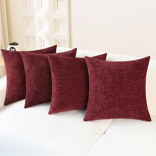 CaliTime Christmas Throw Pillow Covers Decorative 18 X 18 Inches Pack of 4 Cozy Chenille Cushion Cases for Couch Sofa Bed Living Room Home Burgundy - Image 1