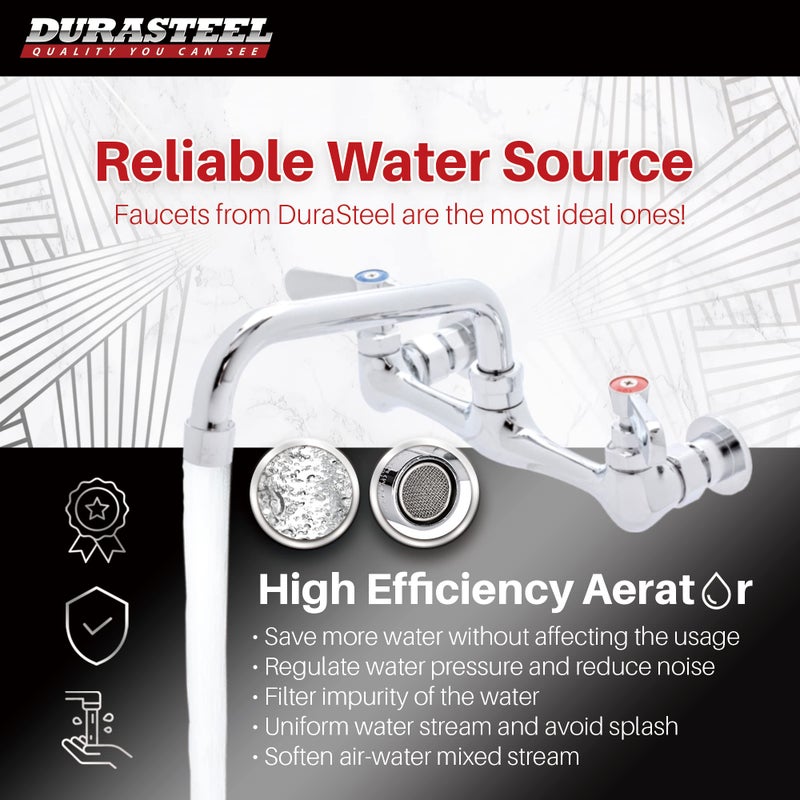DuraSteel Kitchen Sink Faucet Wall Mount - DuraSteel 8"" Center Commercial Kitchen Sink Faucet with 6"" Swivel Spout - Dual Lever Handles - Brass Constructed & Chrome Polished - Image 1