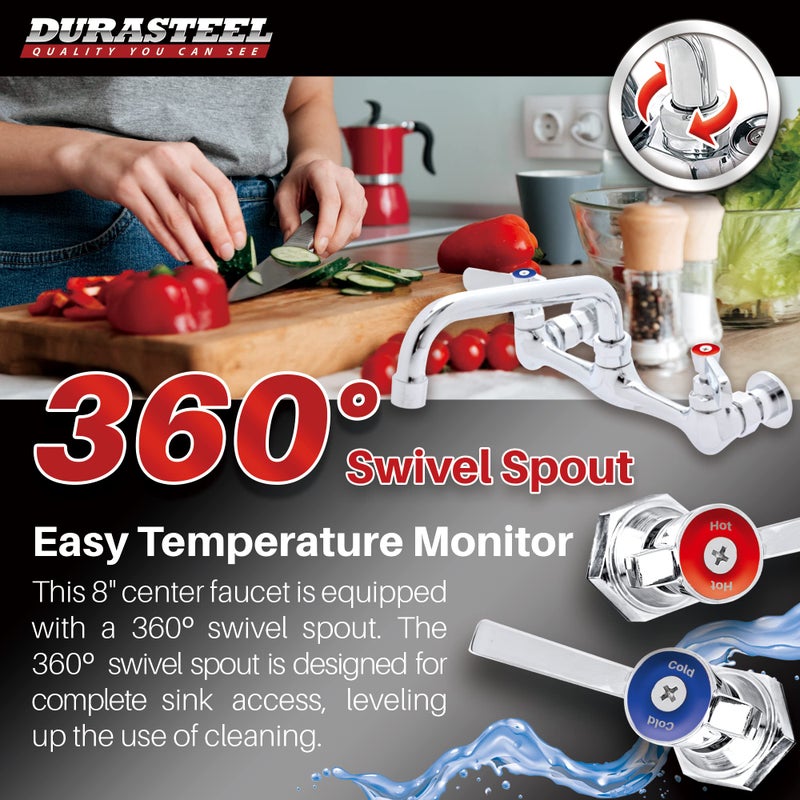 DuraSteel Kitchen Sink Faucet Wall Mount - DuraSteel 8"" Center Commercial Kitchen Sink Faucet with 6"" Swivel Spout - Dual Lever Handles - Brass Constructed & Chrome Polished - Image 3