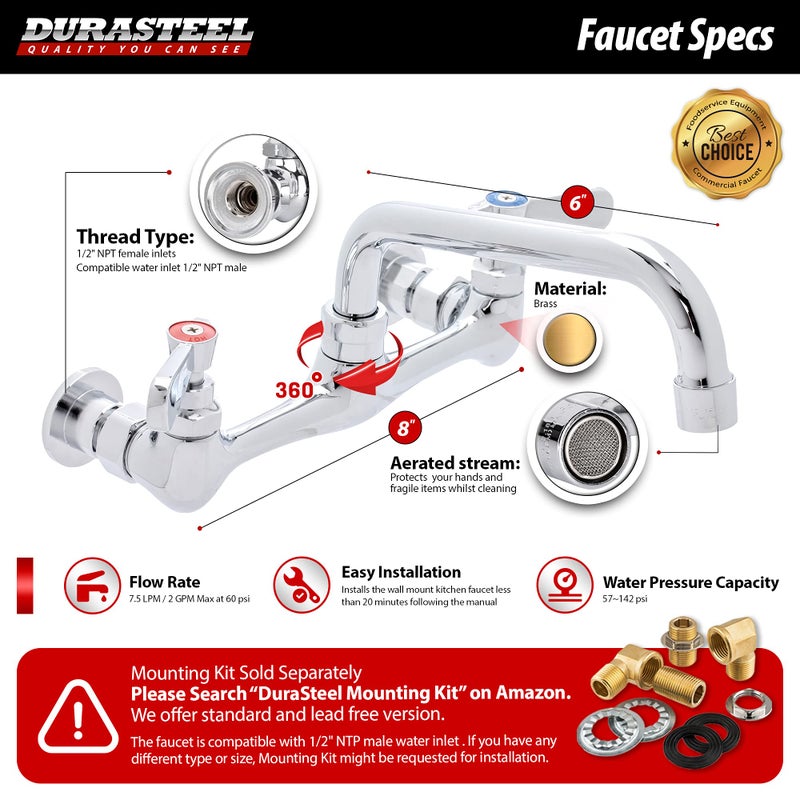 DuraSteel Kitchen Sink Faucet Wall Mount - DuraSteel 8"" Center Commercial Kitchen Sink Faucet with 6"" Swivel Spout - Dual Lever Handles - Brass Constructed & Chrome Polished - Image 4